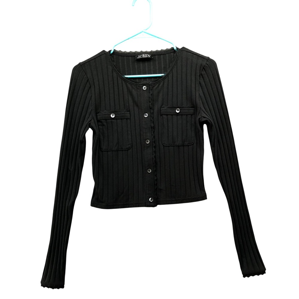 J.Crew Ribbed Lace Trim Cardigan Top Womens XS Black Cropped Long Sleeve Button